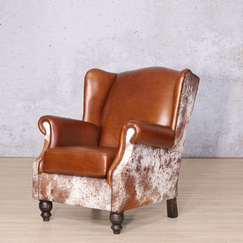 Torin Wingback Nguni Leather Occasional Chair – Angled View – Luxurious Tri-Colour Royal Walnut Leather and Nguni Fabric Accent | Leather Gallery