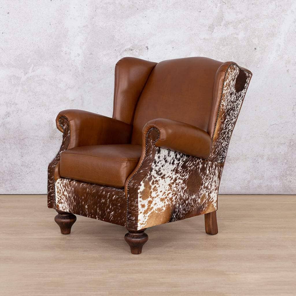 Torin Wingback Leather Occasional Chair – Angled View – Full Tri-Colour Royal Walnut Leather with Wingback Design Leather Gallery 