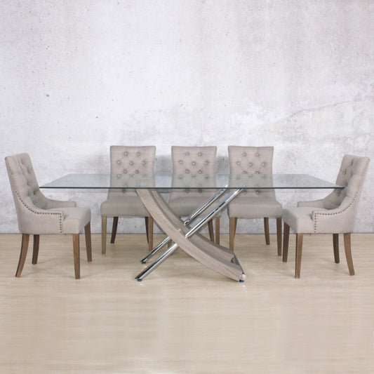 Leather Gallery Tropez & Duchess 8-seater Dining Set, with glass top dining table & 8 fabric upholstered chairs in Dark Oak. 