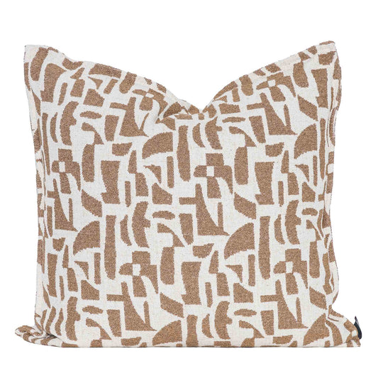 Leather Gallery Krait Harvest Ochre Cushion, featuring a warm ochre geometric pattern on a soft neutral woven background.