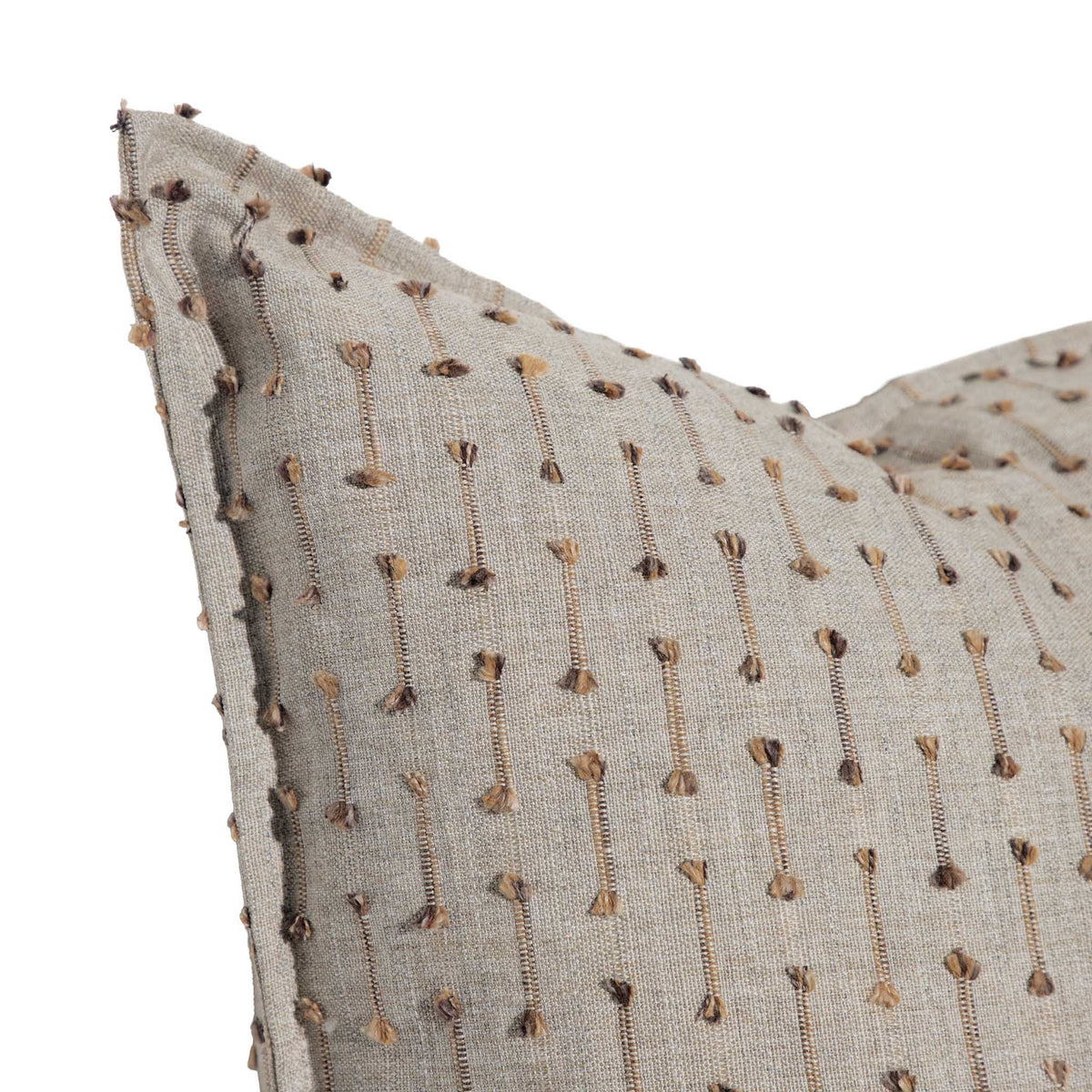 Leather Gallery Veyra Riverstone Cushion, featuring a soft neutral woven finish with delicate brown and golden stitched detailing.