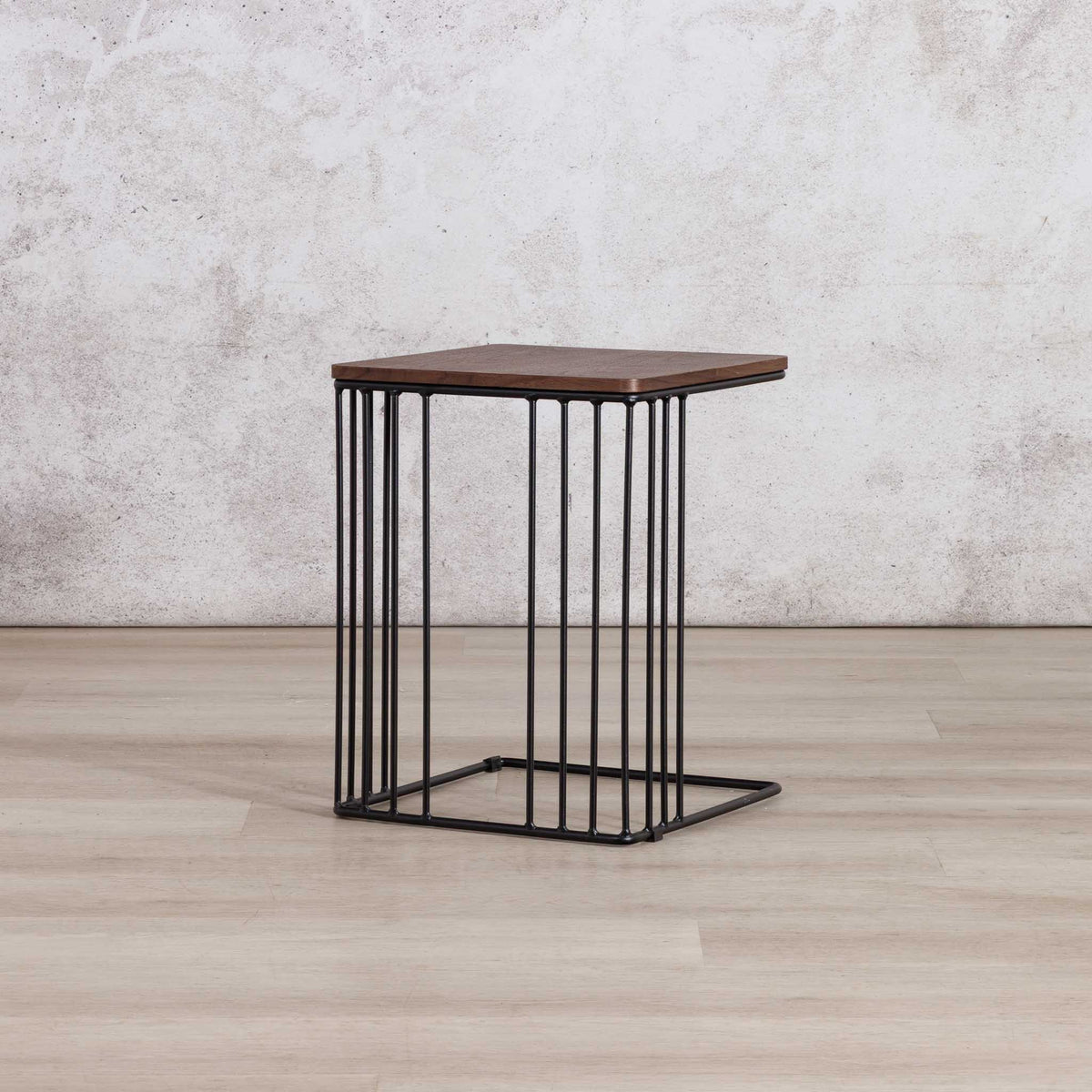 Gallery Everyday Camila Side Table in Walnut, featuring a dark wood square top and black metal wire-frame base.