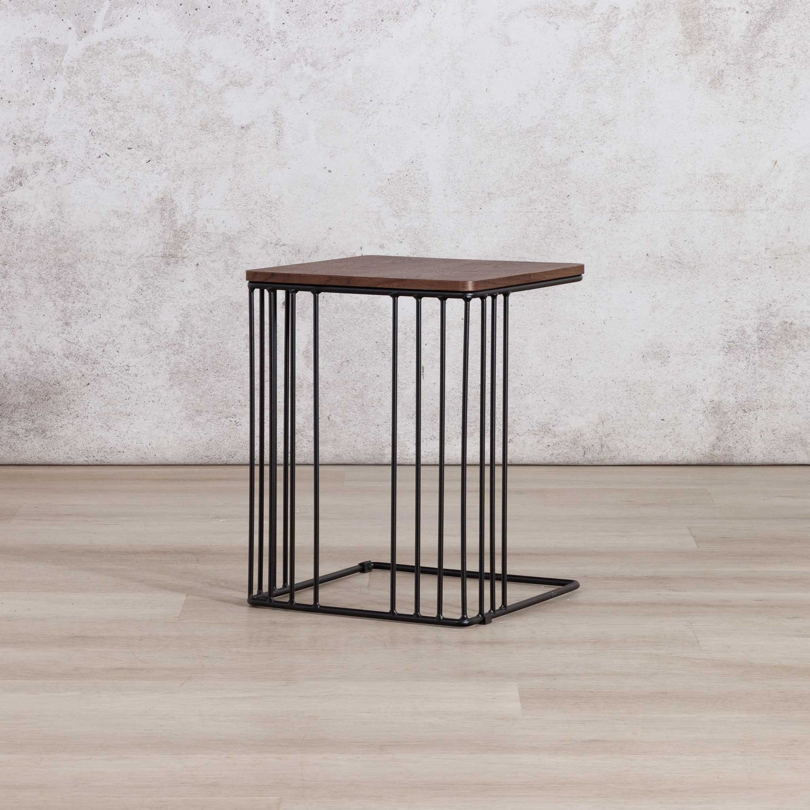 Gallery Everyday Camila Side Table in Walnut, featuring a dark wood square top and black metal wire-frame base.