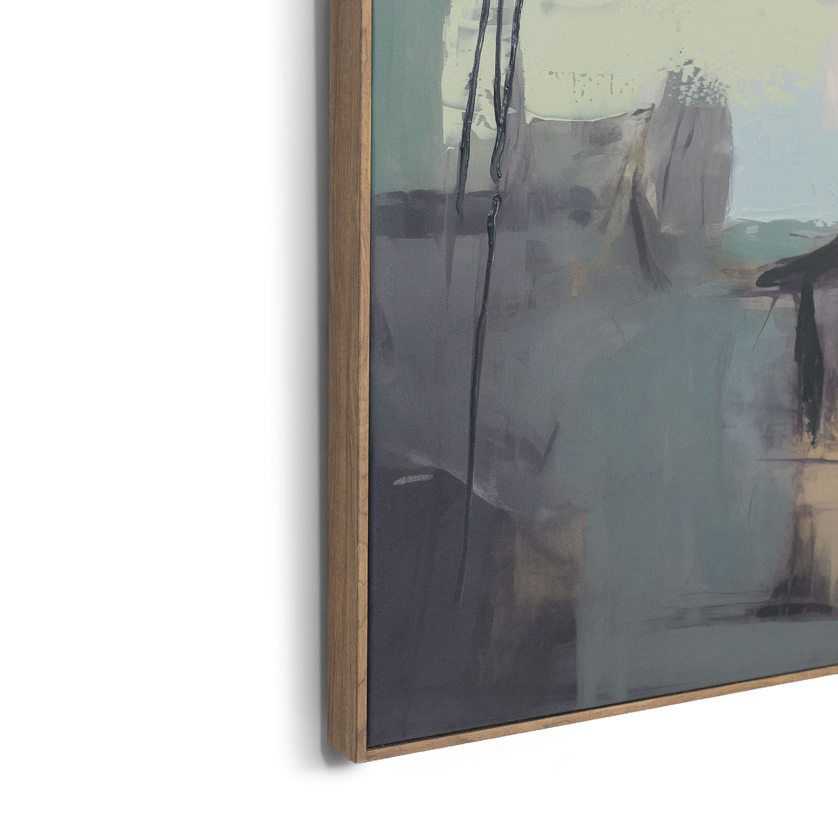 Close-up of A Summer In Como - Kia Artwork by Leather Gallery showing layered abstract brushstrokes, soft pastel colours and a slim wood-toned frame.