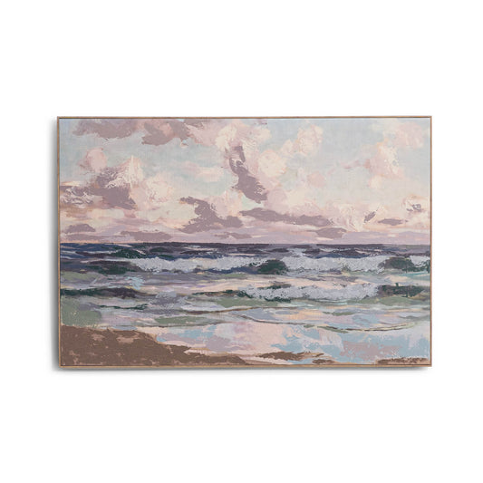 Leather Gallery Ocean Reverie - Kia, featuring a pastel coastal seascape with layered paint texture and a Kia frame.