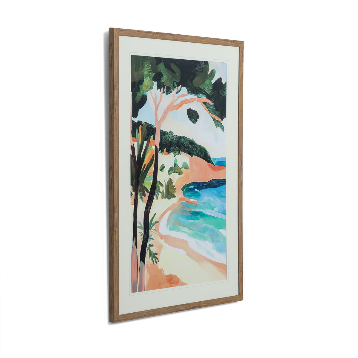 Between Cliff & Sea - Kia Artwork by Leather Gallery featuring a tropical coastline, turquoise ocean, lush green trees and a natural wood-toned frame.