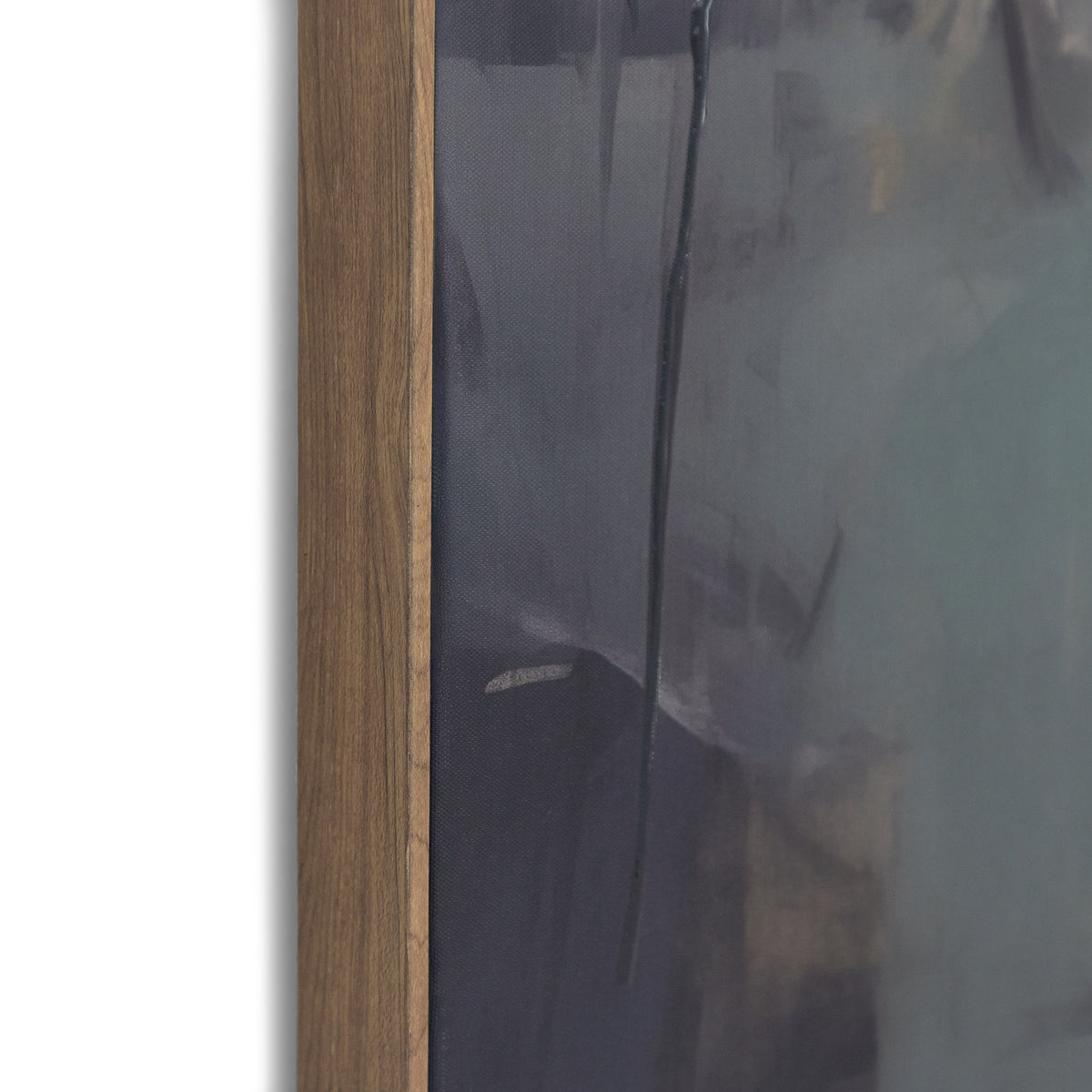 Close-up of A Summer In Como - Kia Artwork by Leather Gallery showing layered abstract brushstrokes, soft pastel colours and a slim wood-toned frame.