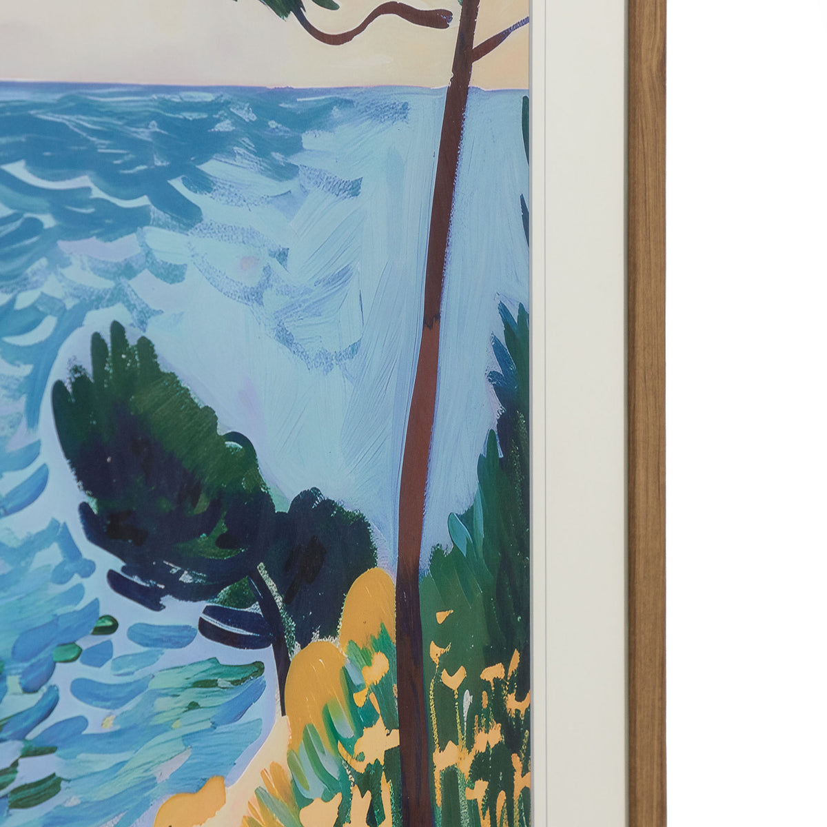 Lefayette Artwork - Kia Framed Print by Leather Gallery featuring a Mediterranean coastal pathway, lush green trees, golden cliffs and blue ocean waters.