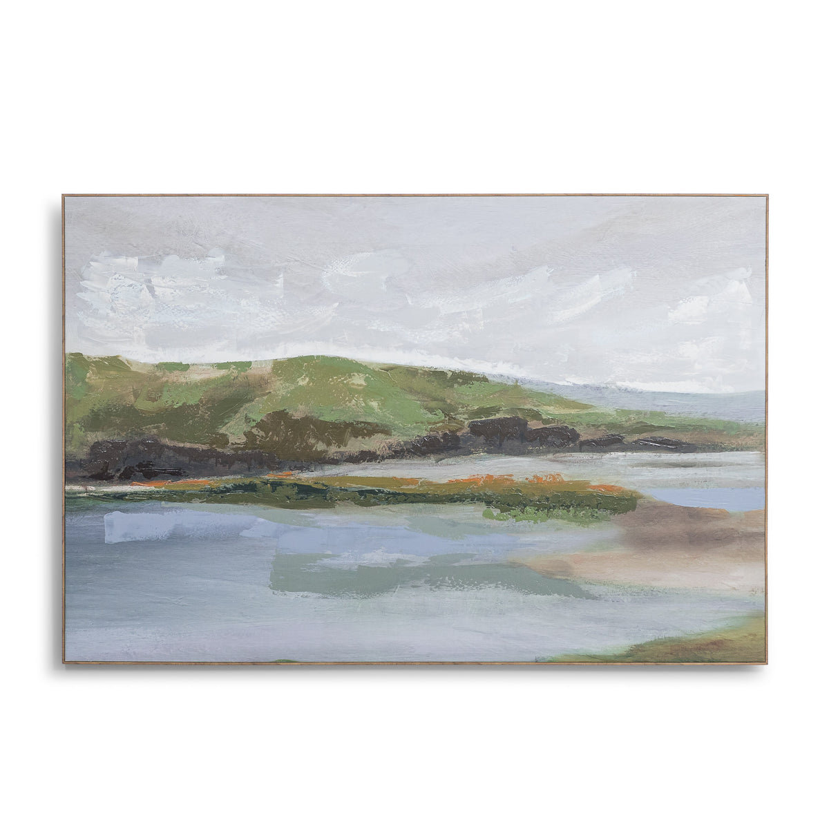 Overcast Oasis - Kia Artwork by Leather Gallery featuring a tranquil waterside landscape, rolling green hills, overcast sky and soft blue-grey tones.