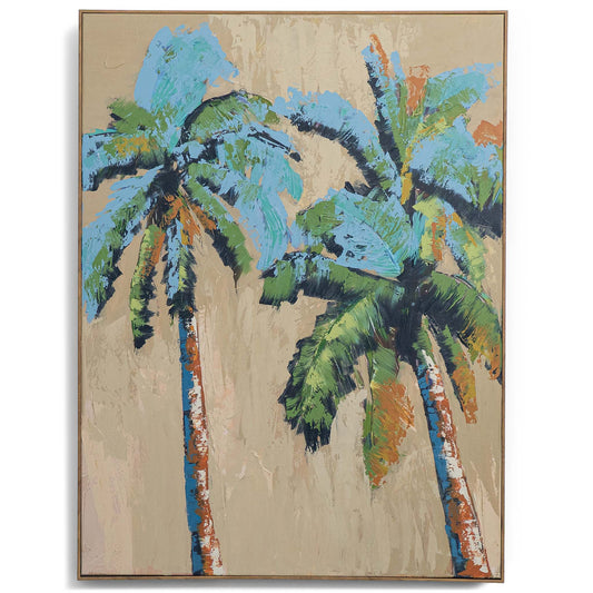 Nekali Artwork II - Kia by Leather Gallery featuring two tropical palm trees in blue, green and terracotta tones with a Kia frame.