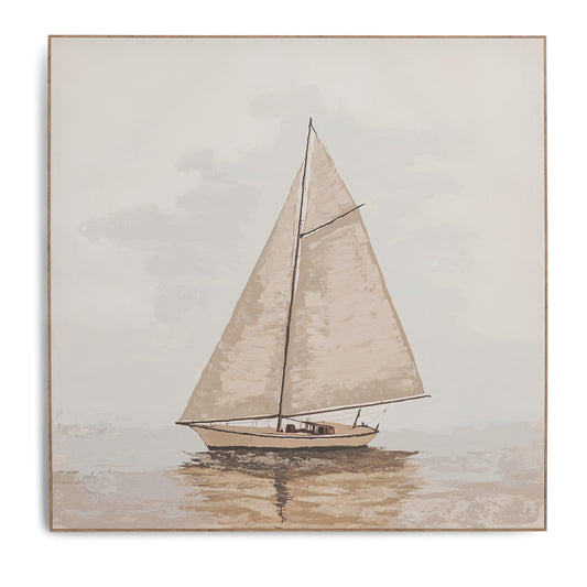 A Quiet Voyage - Kia Canvas Artwork by Leather Gallery featuring a solitary sailboat on calm waters in soft beige and ivory tones with a Kia frame.