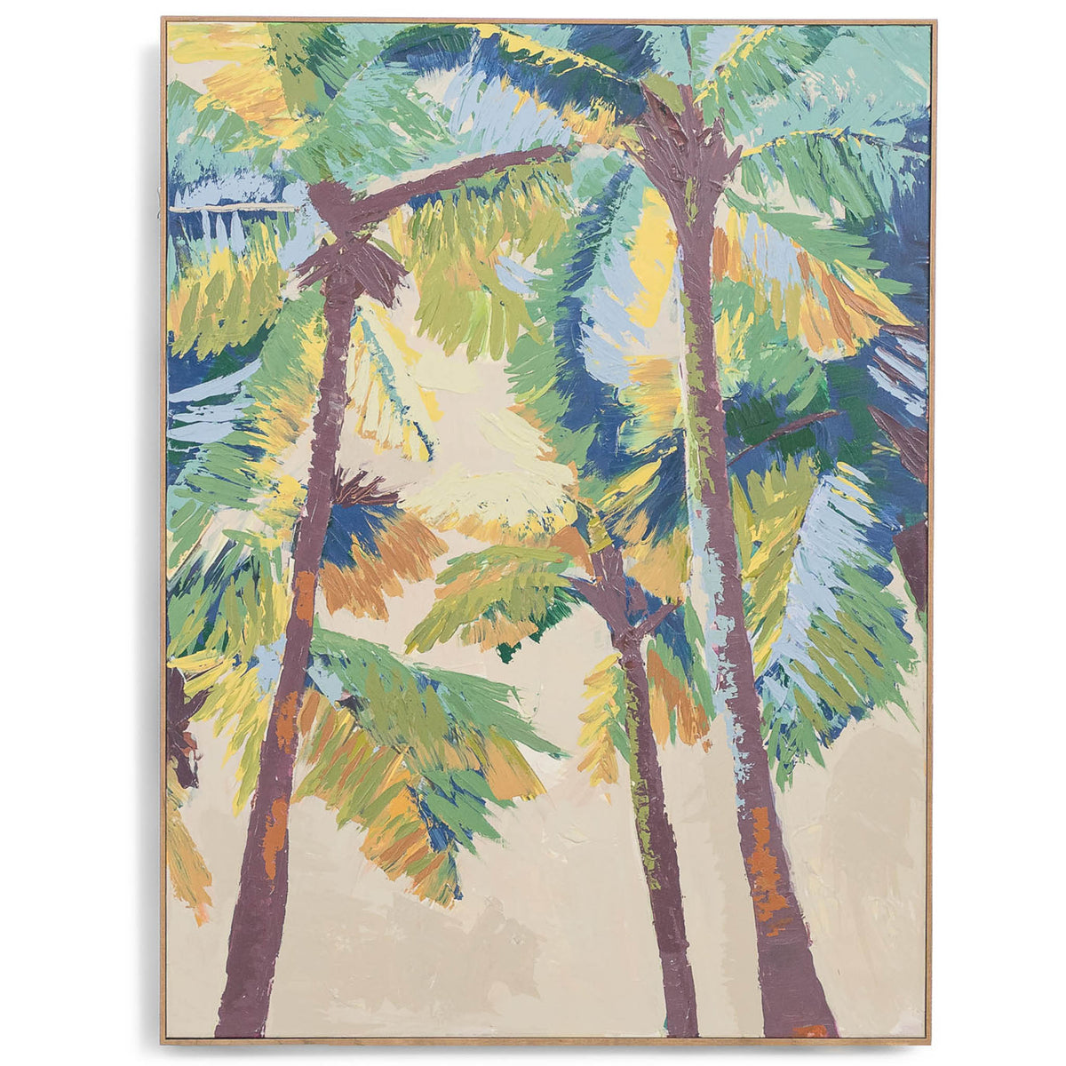 Nekali Artwork I - Kia Canvas Artwork by Leather Gallery featuring tropical palm trees in vibrant green, turquoise, blue and yellow tones with a Kia frame.