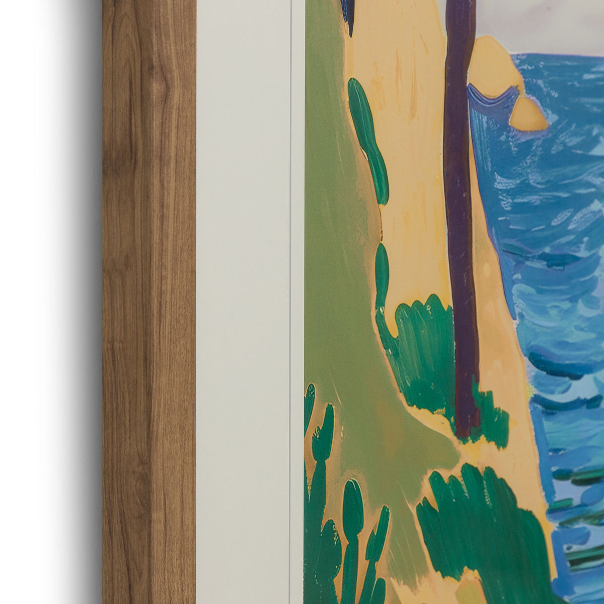 Lefayette Artwork - Kia Framed Print by Leather Gallery featuring a Mediterranean coastal pathway, lush green trees, golden cliffs and blue ocean waters.