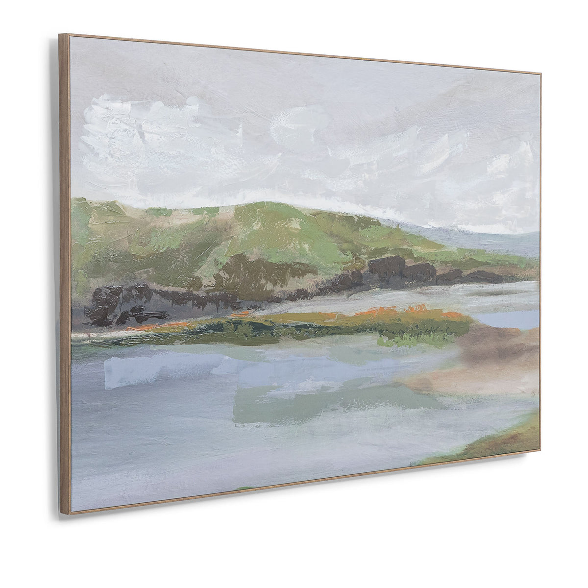 Overcast Oasis - Kia Artwork by Leather Gallery featuring a tranquil waterside landscape, rolling green hills, overcast sky and soft blue-grey tones.