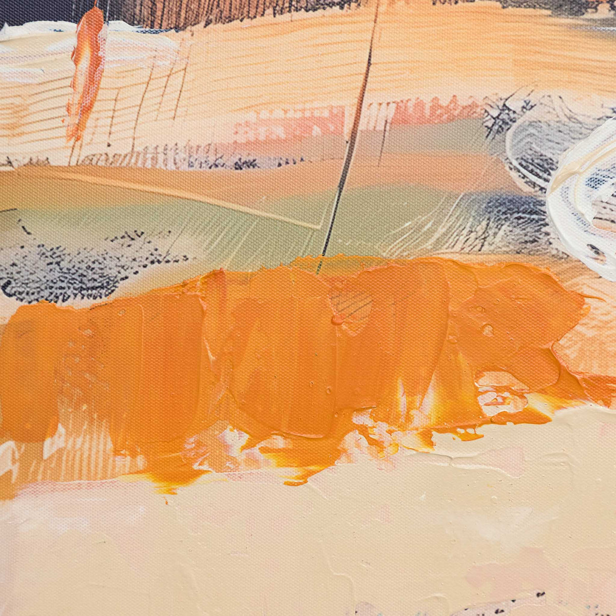 Tidal Memories - Kia Abstract Artwork by Leather Gallery featuring layered blue, coral and beige tones in a natural wood-toned frame.