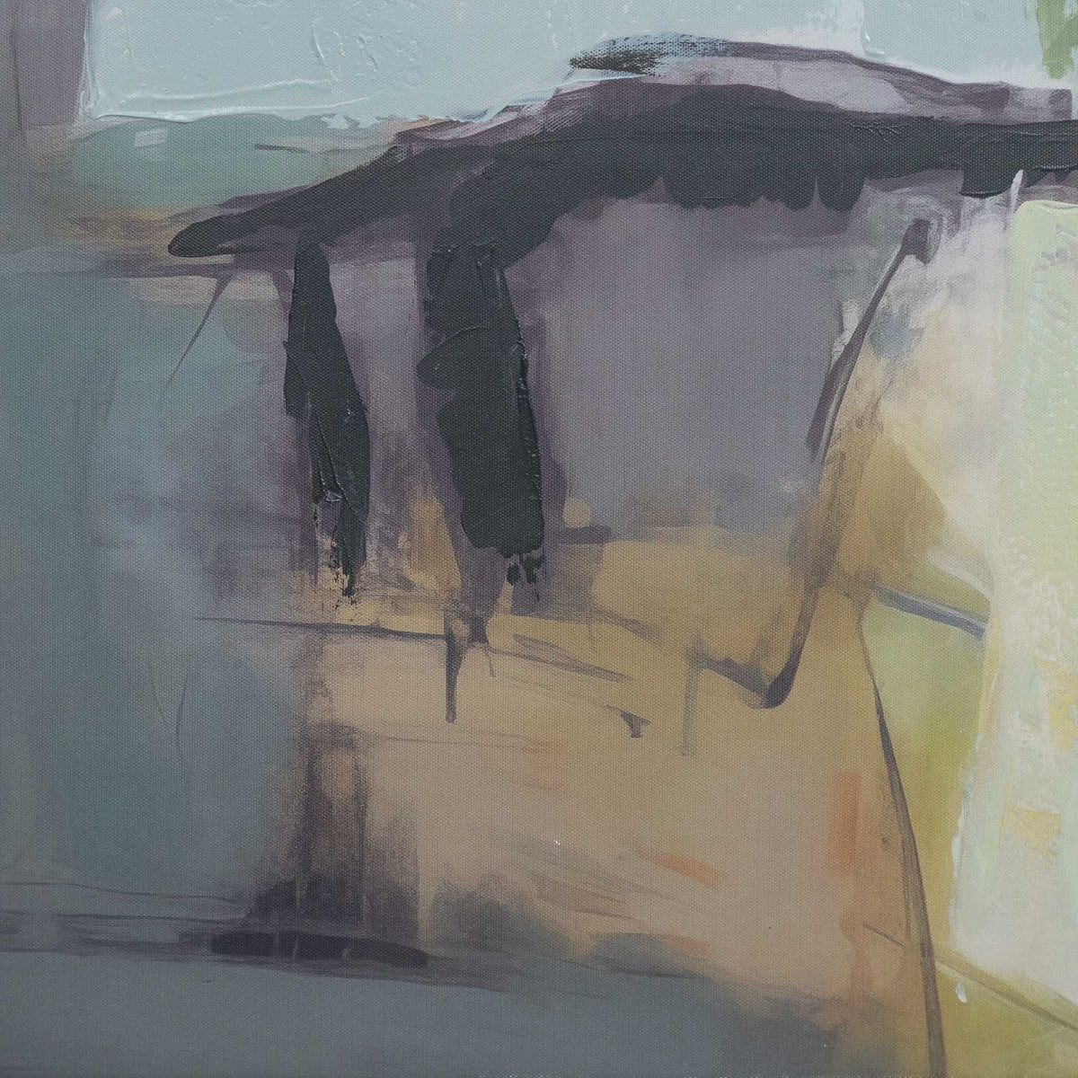 A Summer In Como - Kia Artwork by Leather Gallery featuring an abstract landscape in pastel green, blue, peach and lavender tones with a natural wood-toned frame.