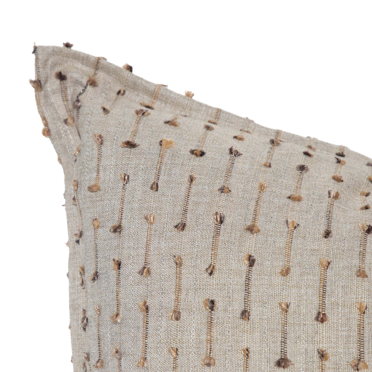 Leather Gallery Veyra Riverstone Cushion, featuring a soft neutral woven finish with delicate brown and golden stitched detailing.