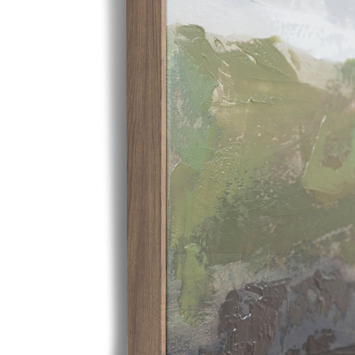 Overcast Oasis - Kia Artwork by Leather Gallery featuring a tranquil waterside landscape, rolling green hills, overcast sky and soft blue-grey tones.