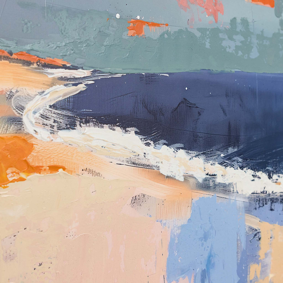 Tidal Memories - Kia Abstract Artwork by Leather Gallery featuring layered blue, coral and beige tones in a natural wood-toned frame.