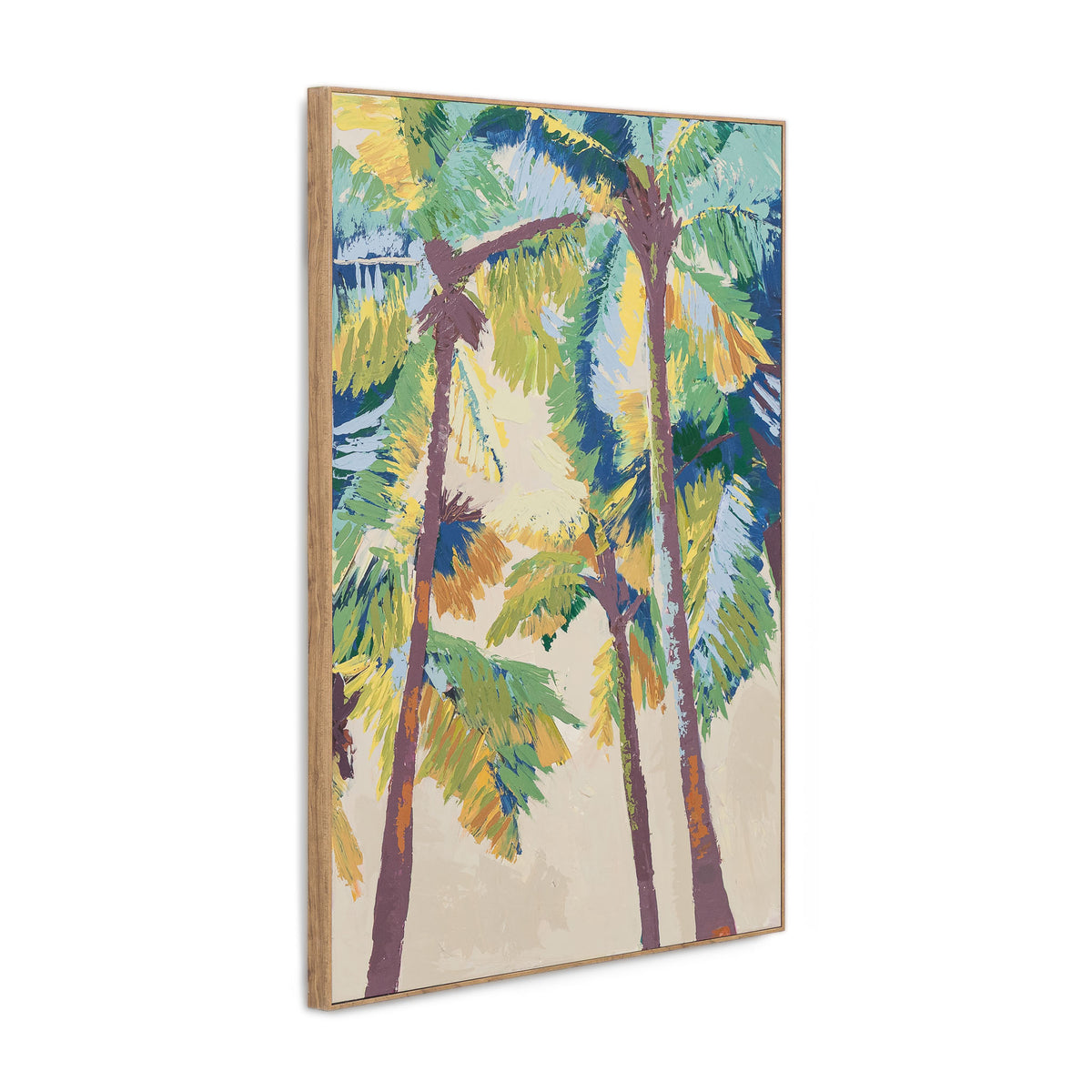 Nekali Artwork I - Kia Canvas Artwork by Leather Gallery featuring tropical palm trees in vibrant green, turquoise, blue and yellow tones with a Kia frame.