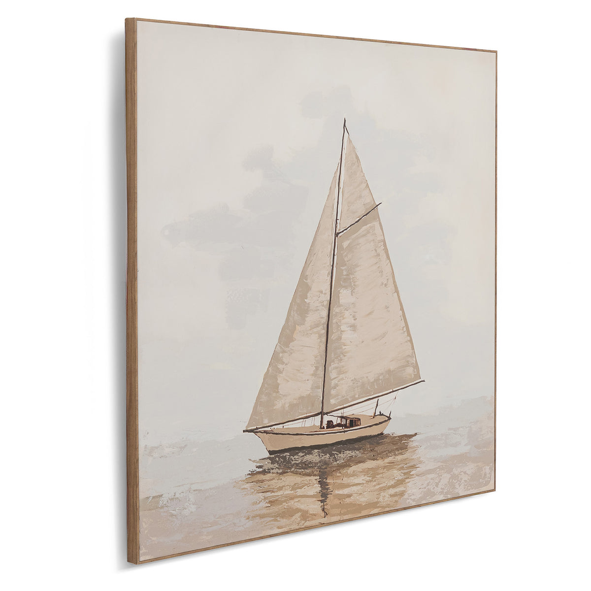 A Quiet Voyage - Kia Canvas Artwork by Leather Gallery featuring a solitary sailboat on calm waters in soft beige and ivory tones with a Kia frame.