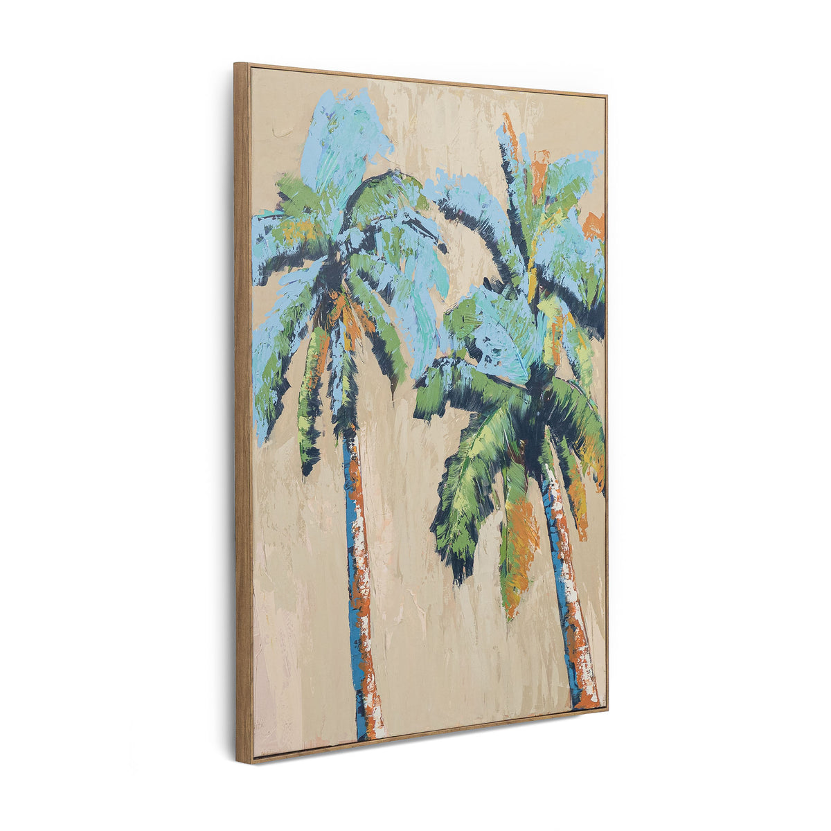 Nekali Artwork II - Kia by Leather Gallery featuring two tropical palm trees in blue, green and terracotta tones with a Kia frame.