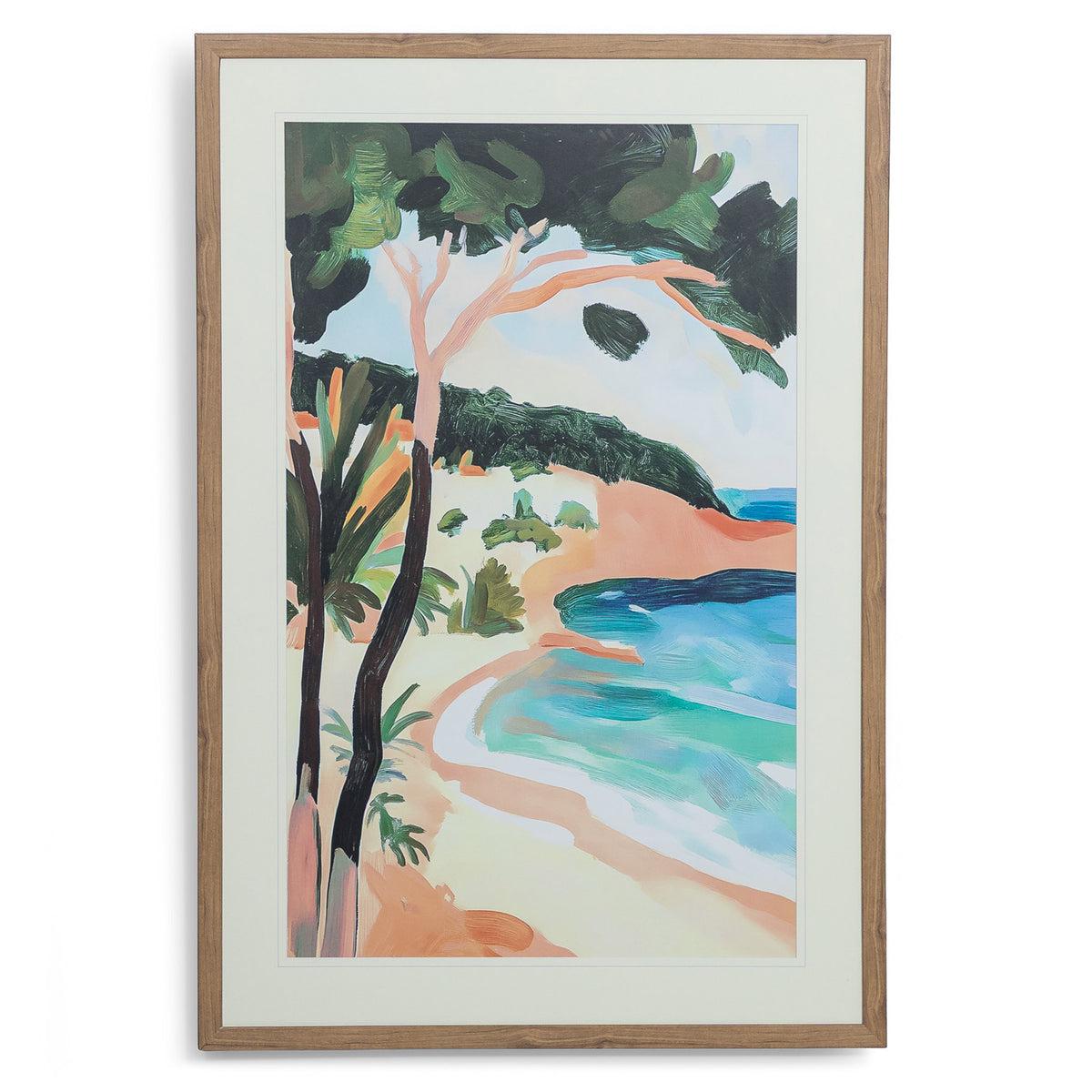 Between Cliff & Sea - Kia Artwork by Leather Gallery featuring a tropical coastline, turquoise ocean, lush green trees and a natural wood-toned frame.