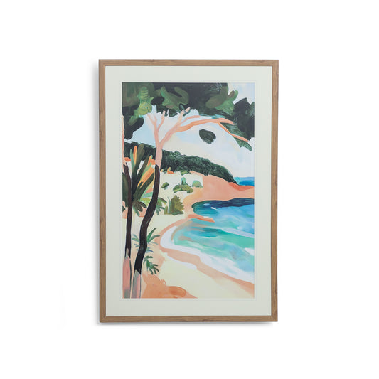 Between Cliff & Sea - Kia Artwork by Leather Gallery featuring a tropical coastline, turquoise ocean, lush green trees and a natural wood-toned frame.