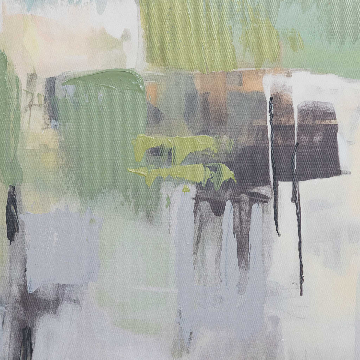 A Summer In Como - Kia Artwork by Leather Gallery featuring an abstract landscape in pastel green, blue, peach and lavender tones with a natural wood-toned frame.