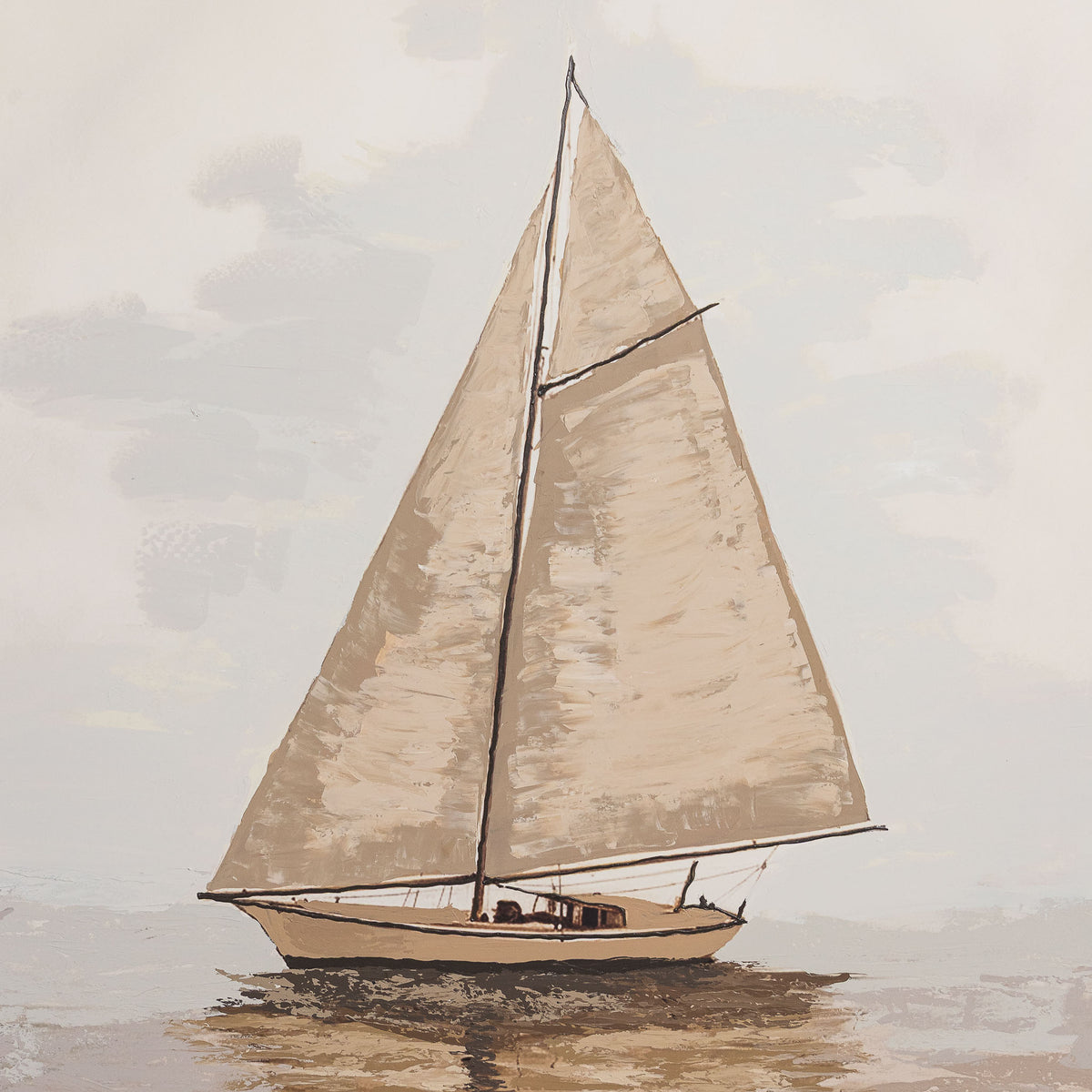A Quiet Voyage - Kia Canvas Artwork by Leather Gallery featuring a solitary sailboat on calm waters in soft beige and ivory tones with a Kia frame.