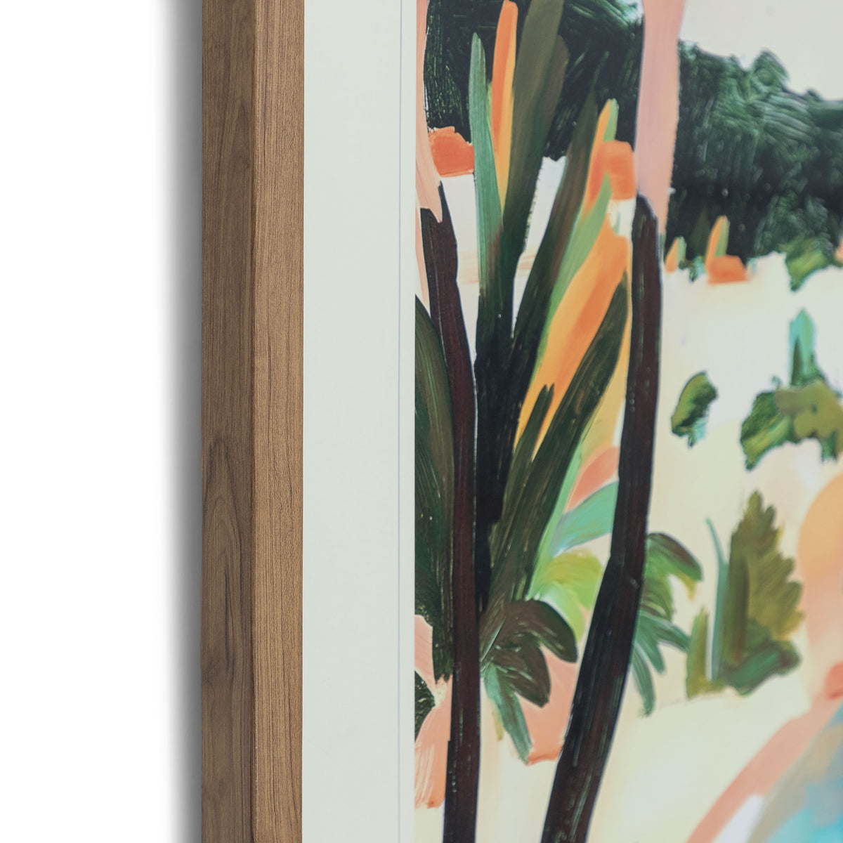 Between Cliff & Sea - Kia Artwork by Leather Gallery featuring a tropical coastline, turquoise ocean, lush green trees and a natural wood-toned frame.