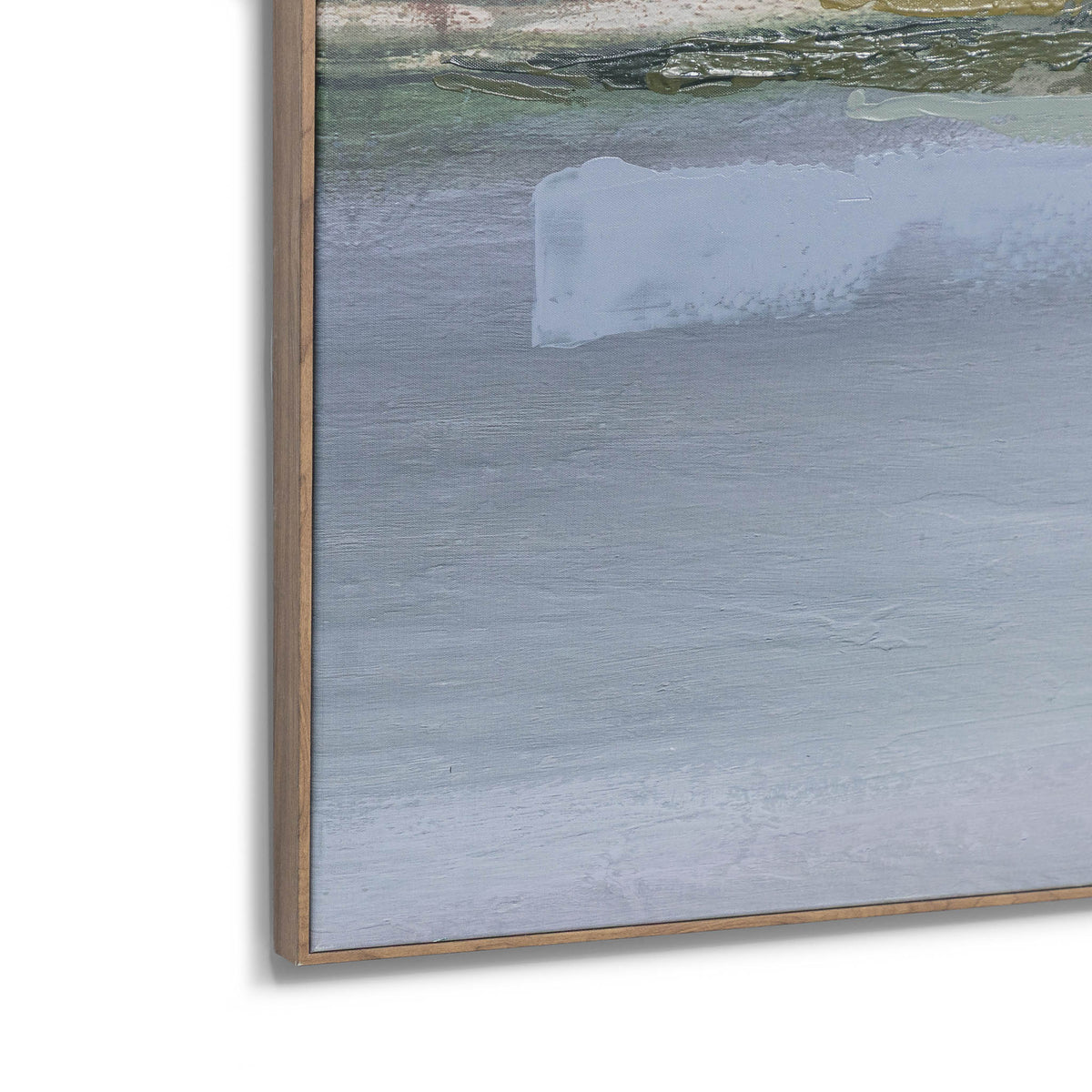 Overcast Oasis - Kia Artwork by Leather Gallery featuring a tranquil waterside landscape, rolling green hills, overcast sky and soft blue-grey tones.