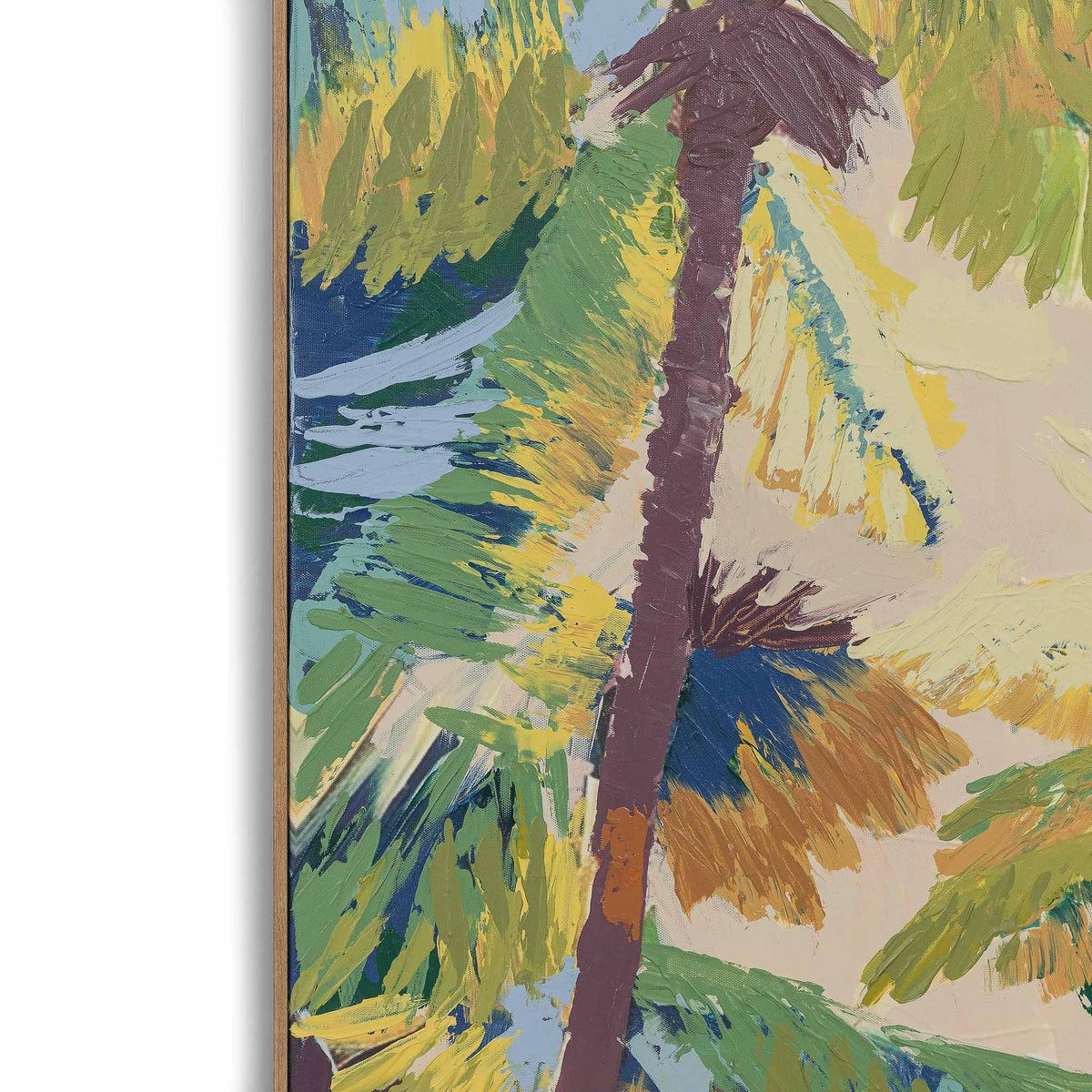 Nekali Artwork I - Kia Canvas Artwork by Leather Gallery featuring tropical palm trees in vibrant green, turquoise, blue and yellow tones with a Kia frame.