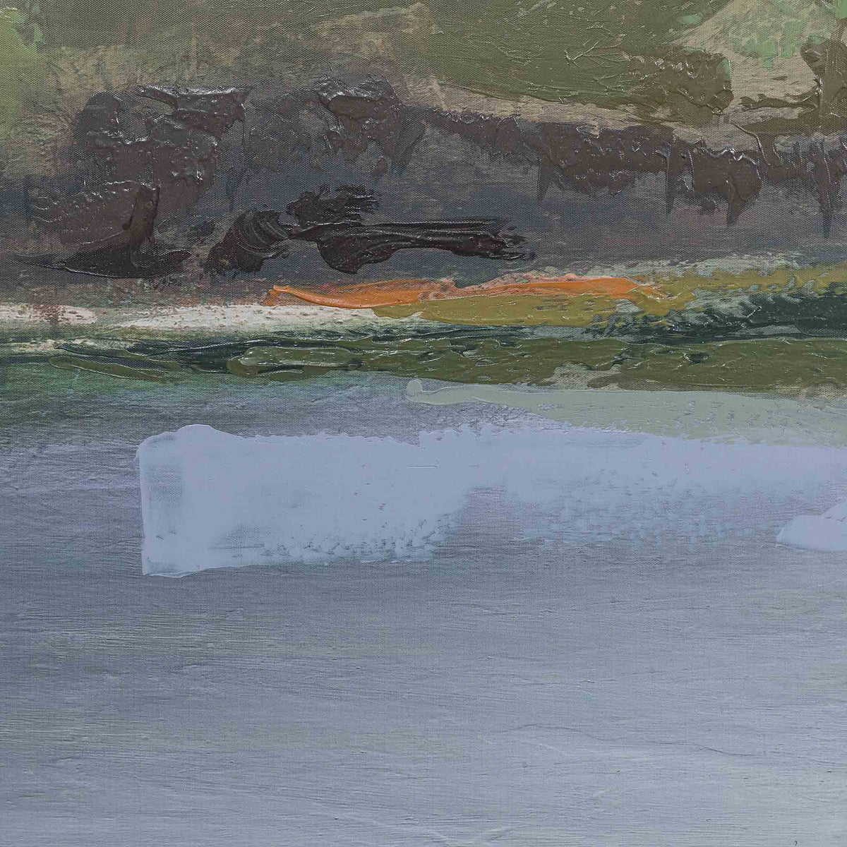 Overcast Oasis - Kia Artwork by Leather Gallery featuring a tranquil waterside landscape, rolling green hills, overcast sky and soft blue-grey tones.