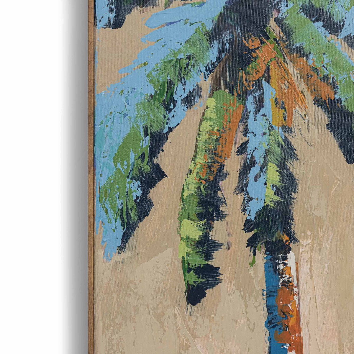 Nekali Artwork II - Kia by Leather Gallery featuring two tropical palm trees in blue, green and terracotta tones with a Kia frame.