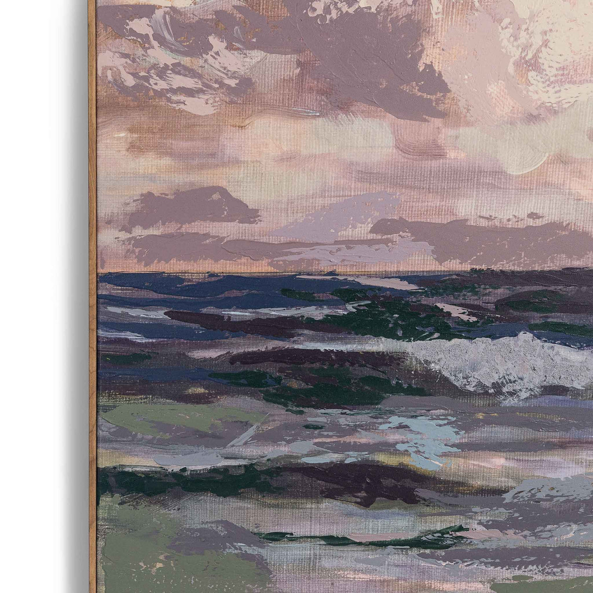 Leather Gallery Ocean Reverie - Kia, featuring a pastel coastal seascape with layered paint texture and a Kia frame.