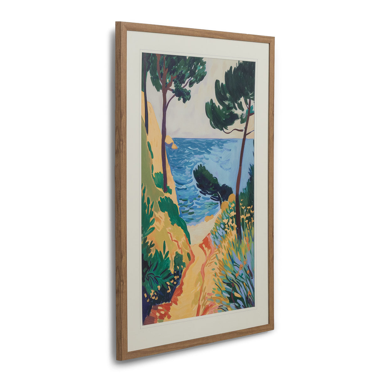 Lefayette Artwork - Kia Framed Print by Leather Gallery featuring a Mediterranean coastal pathway, lush green trees, golden cliffs and blue ocean waters.