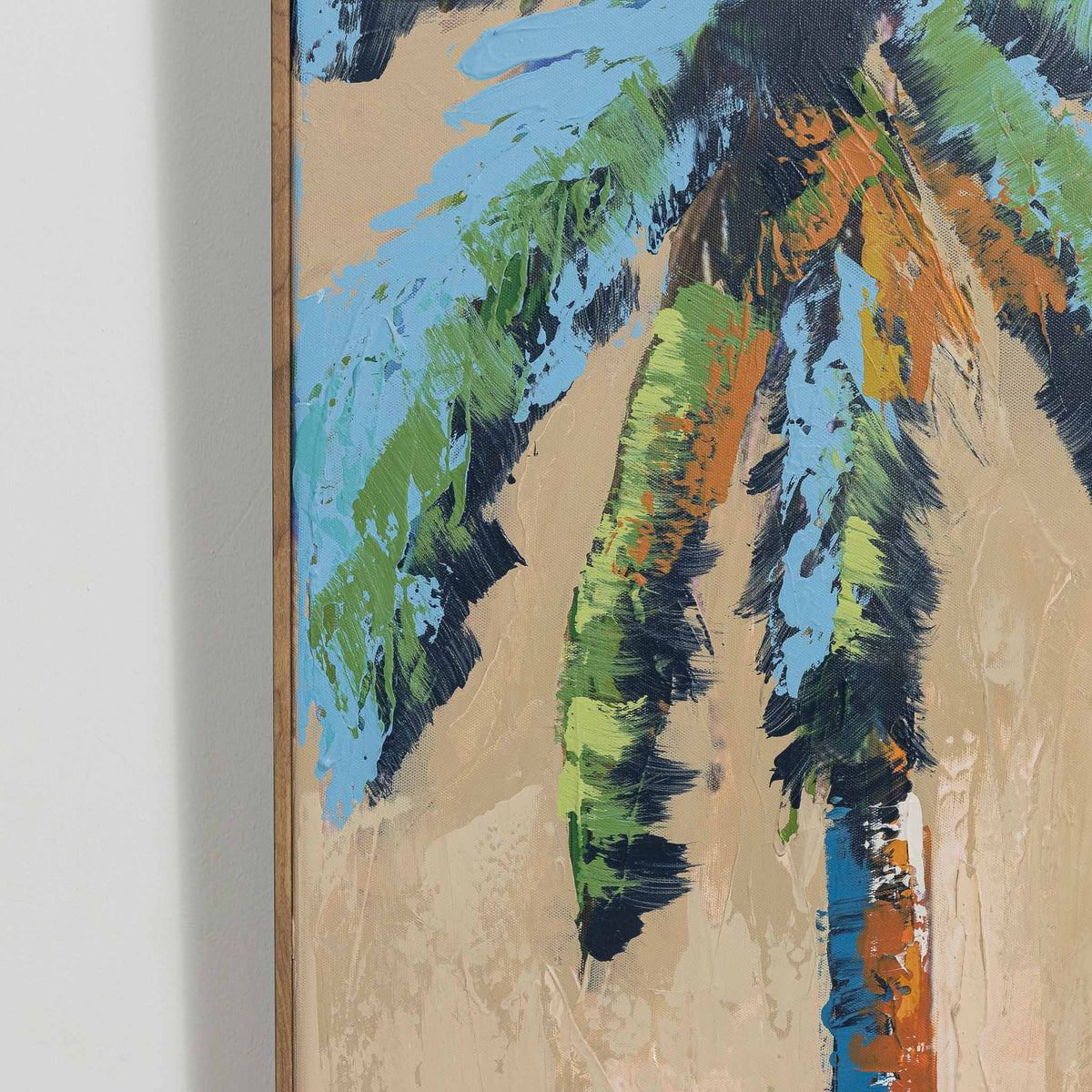 Nekali Artwork II - Kia by Leather Gallery featuring two tropical palm trees in blue, green and terracotta tones with a Kia frame.