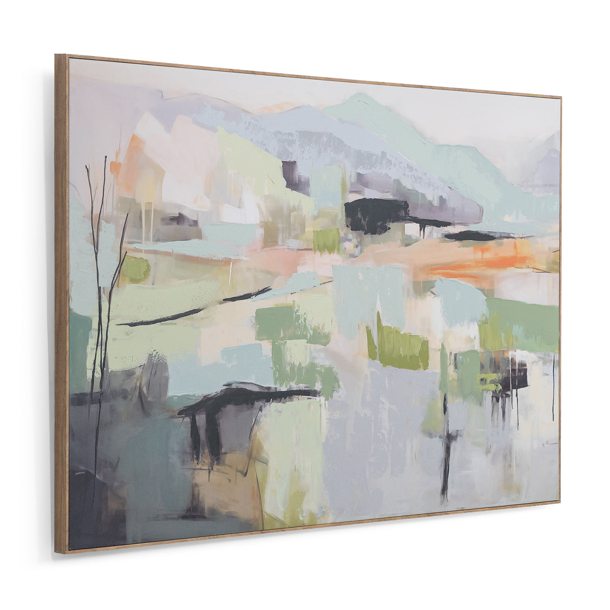 A Summer In Como - Kia Artwork by Leather Gallery featuring an abstract landscape in pastel green, blue, peach and lavender tones with a natural wood-toned frame.