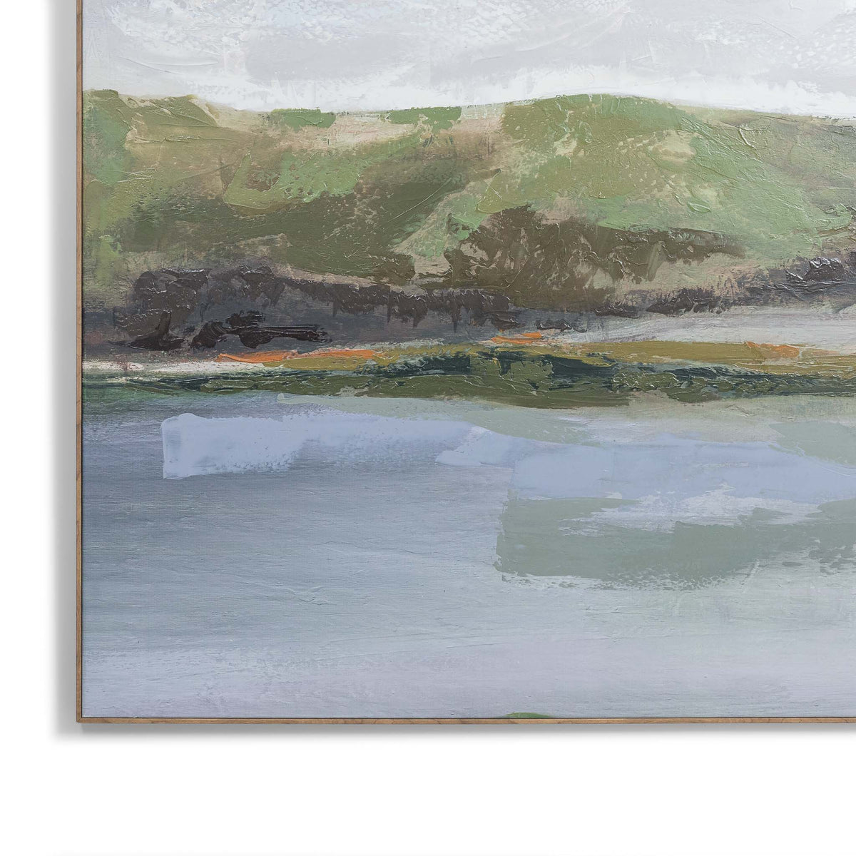 Overcast Oasis - Kia Artwork by Leather Gallery featuring a tranquil waterside landscape, rolling green hills, overcast sky and soft blue-grey tones.