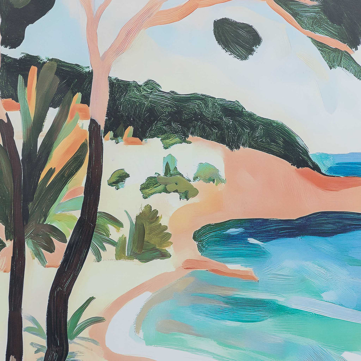 Between Cliff & Sea - Kia Artwork by Leather Gallery featuring a tropical coastline, turquoise ocean, lush green trees and a natural wood-toned frame.