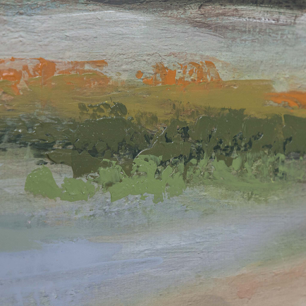 Overcast Oasis - Kia Artwork by Leather Gallery featuring a tranquil waterside landscape, rolling green hills, overcast sky and soft blue-grey tones.
