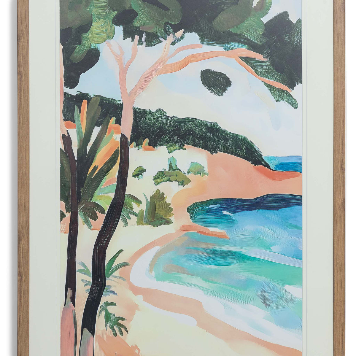 Between Cliff & Sea - Kia Artwork by Leather Gallery featuring a tropical coastline, turquoise ocean, lush green trees and a natural wood-toned frame.