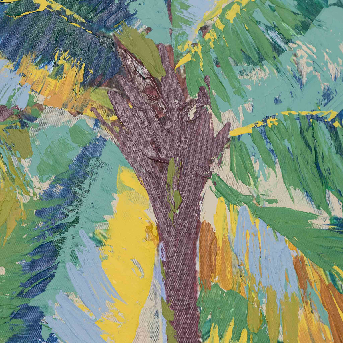 Nekali Artwork I - Kia Canvas Artwork by Leather Gallery featuring tropical palm trees in vibrant green, turquoise, blue and yellow tones with a Kia frame.