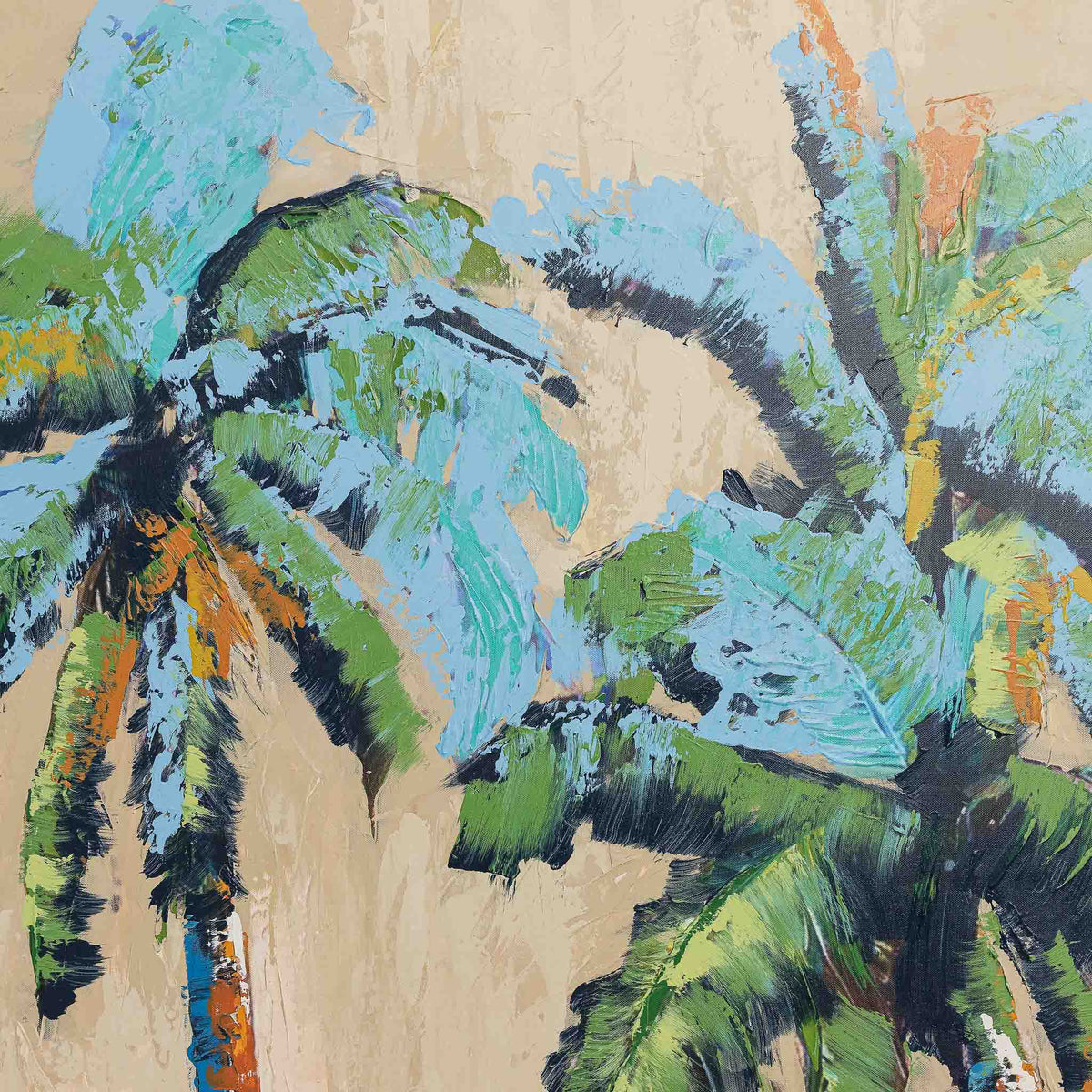 Nekali Artwork II - Kia by Leather Gallery featuring two tropical palm trees in blue, green and terracotta tones with a Kia frame.