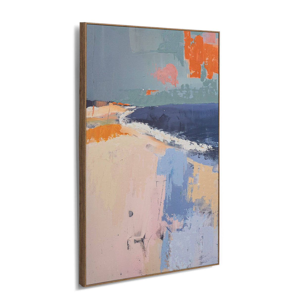 Tidal Memories - Kia Abstract Artwork by Leather Gallery featuring layered blue, coral and beige tones in a natural wood-toned frame.