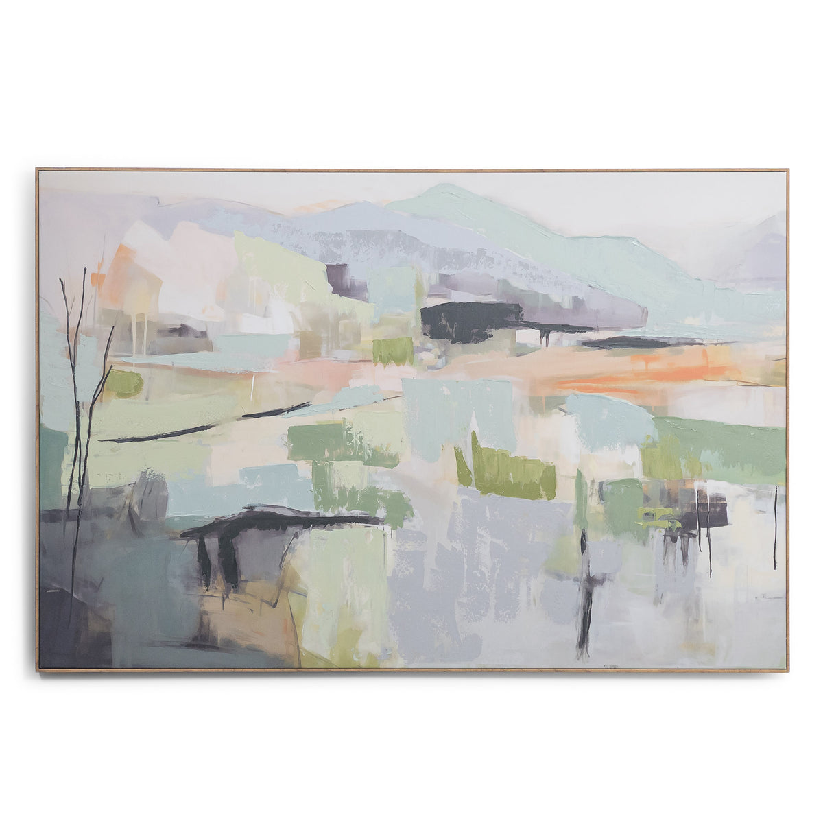 A Summer In Como - Kia Artwork by Leather Gallery featuring an abstract landscape in pastel green, blue, peach and lavender tones with a natural wood-toned frame.