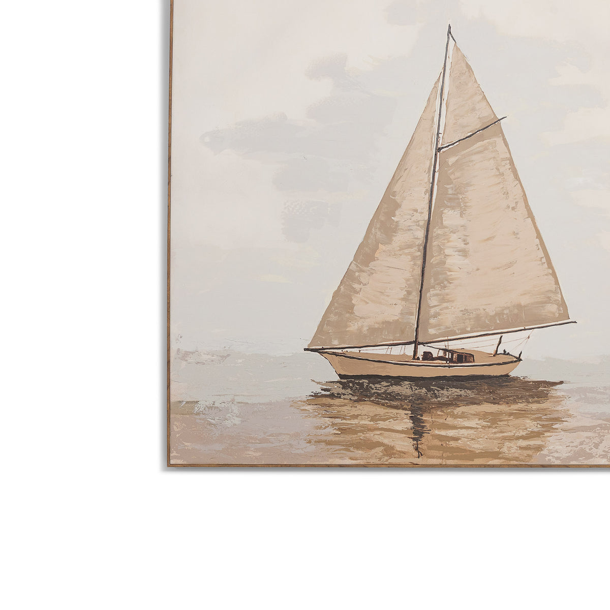 A Quiet Voyage - Kia Canvas Artwork by Leather Gallery featuring a solitary sailboat on calm waters in soft beige and ivory tones with a Kia frame.