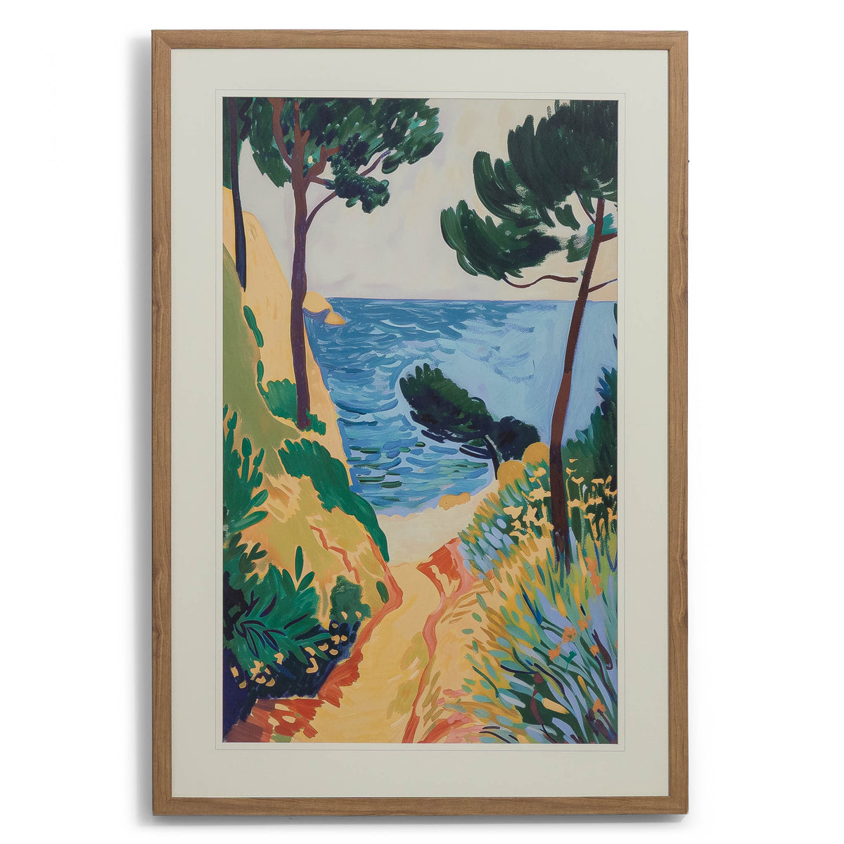 Lefayette Artwork - Kia Framed Print by Leather Gallery featuring a Mediterranean coastal pathway, lush green trees, golden cliffs and blue ocean waters.