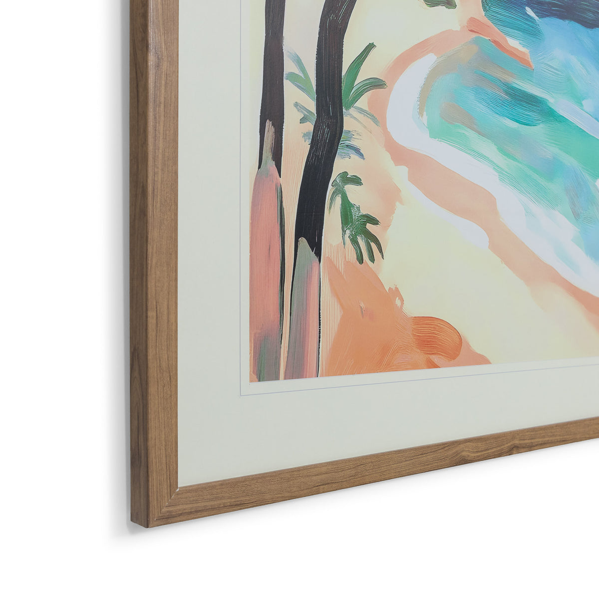 Between Cliff & Sea - Kia Artwork by Leather Gallery featuring a tropical coastline, turquoise ocean, lush green trees and a natural wood-toned frame.